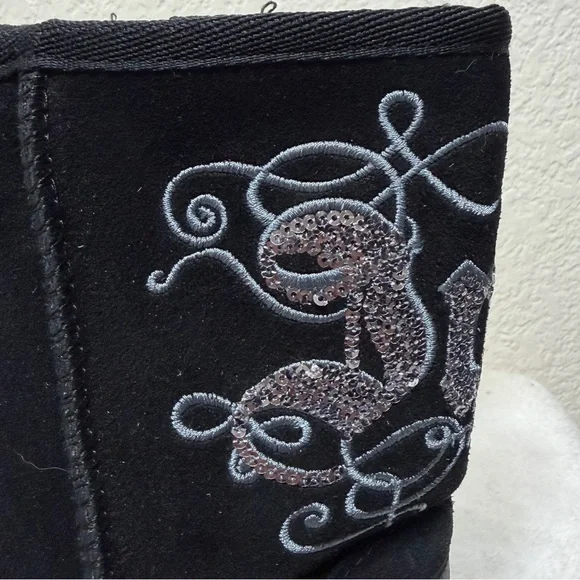 Juicy Couture Black Suede Boots Silver Sequin Juicy back faux fur lined Size 8 - Picture 4 of 12